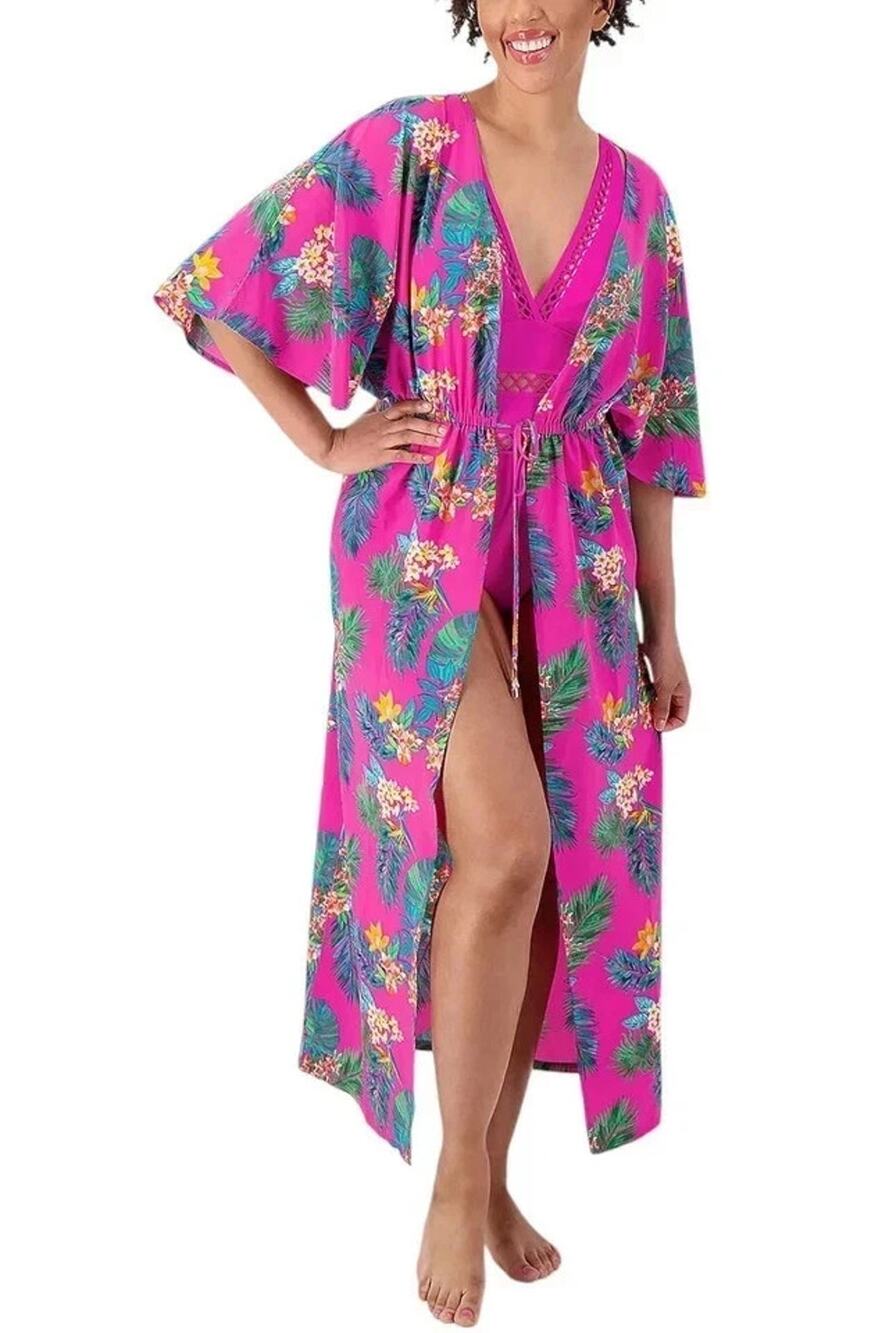 Belle Beachh Kim Gravel Cover Up Womens XS/S Pink Tropical Floral Tie Front